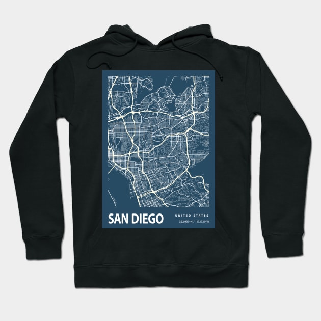 San Diego Blueprint Street Map, San Diego Colour Map Prints Hoodie by tienstencil